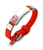 PJ Jewelry Free Engraving Unisex Silicone and Stainless Steel Medical Alert ID Bracelets, Adjustable,Red