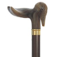 Left Hand Walking Cane with Duck design resin palm grip handle and hardwood walnut stained shaft