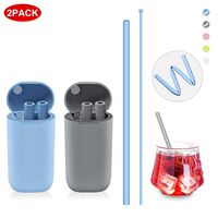 PYRKIA Collapsible Reusable Straw 2 Pack, Portable Foldable Drinking Straws Non-metal Silicone with Case Keychain & Cleaning Tool for Travel, Household, Outdoor, Party (Blue & Gray)