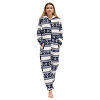 Buedvo Christmas Women Winter Warm Flannel One Piece Hoodie Pajamas Printed Jumpsuit Long-Sleeved Zip Hooded Snowflake Print Velvet Jumpsuit Home Service (L, Blue)