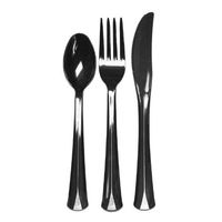 Party Essentials Extra Heavy Duty Hard Plastic Cutlery Combo Pack and Full Size Knives/Forks/Spoons, Black, 8 Place Setting-Count