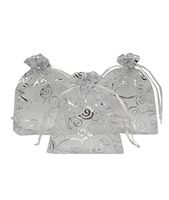 Ankirol 100pcs Sheer Organza Favor Bags for Wedding Baby Shower Rattan Print Gift Bags Samples Display Drawstring Pouches (3x4, Silver)
