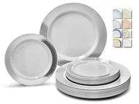 " OCCASIONS" 120 Plates Pack,(60 Guests) Heavyweight Premium Wedding Party Disposable Plastic Plates Set -60 x 10.5'' Dinner + 60 x 7.5'' Salad/Dessert (Diamond White/Silver)