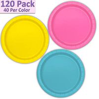 120 Paper Dessert Plates (7") - Hot Pink, Neon Yellow, Aqua - 40 Per Color, 3 Colors - Great Assortment for Birthday Parties, Weddings, Holidays, Baby Shower, Celebrations, and more