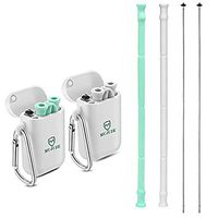 Collapsible Straw Reusable Silicone Straw- 2 Pack Food Grade BPA Free Folding Drinking Straws with Cleaning Brush and Hard Case Holder Keychain for Outdoor Travel Household Party