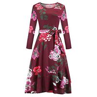 BBFairy Women's Vintage Printed Dress Long Sleeve with Belt Christmas Casual Party Evening Dress Wine