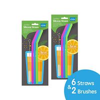 RE-USABLE SILICONE DRINKING STRAW - 6 PACK WITH 2 CLEANING BRUSHES (assorted pink, blue, and green colors)