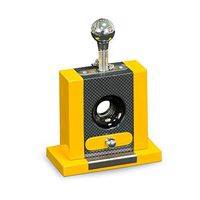 Executive Carbon Fiber and Yellow Lacquered Wood Table Top Guillotine Cigar Cutter with Drawer for Cutting