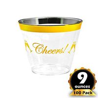 Cheers Gold Rim Plastic Cups. 100 pack/9 oz, clear golden rimmed cup for cocktails, wine and water. Fancy disposable tumblers for parties, weddings, and special celebrations.