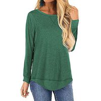 Women Long Sleeve O Neck T-Shirts Blouse Casual Solid Color Loose Blouses Tunics Tops Green