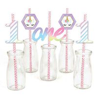 1st Birthday Rainbow Unicorn - Paper Straw Decor - Magical Unicorn First Birthday Party Striped Decorative Straws - Set of 24