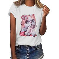 Onefa Women Stylish Short Sleeve Tee with Simple Cute Kitty Print Soft Material Comfortable to Wear Walking Sports Indoor Outdoor in Summer