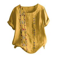 Meikosks Women's Floral Embroidered Top Short Sleeves Plus Size T Shirt Cotton Linen Blouse Yellow