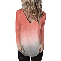 Alangbudu Women Gradient Tie Dye V Neck Tops Criss Lace Blouse Long Sleeve Pullover Loose Sweatshirt Casual Shirt Tunic Watermelon Red