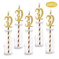 32nd Birthday Paper Straw Decor, 24-Pack Real Gold Glitter Cut-Out Numbers Happy 32 Years Party Decorative Straws