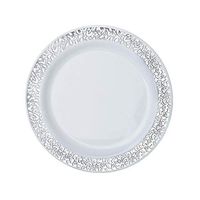 BalsaCircle 30 pcs 6.25-Inch White with Silver Trim Plastic Round Plates - Disposable Wedding Party Catering Tableware