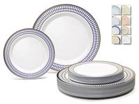 " OCCASIONS" 240 Plates Pack,(120 Guests) Heavyweight Premium Disposable Plastic Plates Set -120 x 10.5'' Dinner + 120 x 7.5'' Salad/Dessert (Odyssey in White/Blue and Gold Rim)