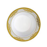 [40 Count - 12 Oz Bowls] Laura Stein Designer Tableware Premium Heavyweight Plastic White Soup Bowl With Gold Rim And brushed Accents, Party & Wedding Plate Traditional Series Disposable Dishes