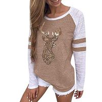 DayToy Women Sequin Tops Elk Print Long Sleeve Striped Shirt Blouses Christmas T Shirt Khaki