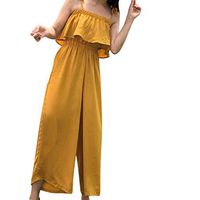 refulgence Casual Sleeveless Ruffle Trim Wide Leg High Waist Long Jumpsuit Linen Romper for Women(Yellow,XXL)