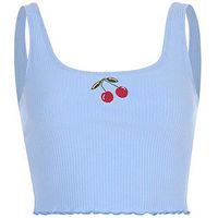Hot!EDC Women's Cherry Printing Vest Cute Cool Sexy Sleeveless Camis Crop Casual Tank Top Blouse High Waist T-Shirt Tees (Blue, S)
