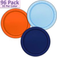 96 Paper Dinner Plates (9") - Light Blue, Orange, Navy Blue - 32 Per Color, 3 Colors - Great Assortment for Birthday Parties, Weddings, Holidays, Baby Shower, Celebrations, and more