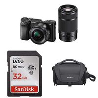 Sony Mirrorless Digital Camera w/ 16-50mm and 55-210mm Power Zoom Lenses with 32GB Ultra Class 10 SDHC UHS-I Memory Card and Soft Carrying Case