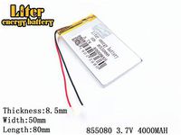 3.7V 4000mAh 855080 Lithium Polymer Ion Rechargeable Battery Lithium Polymer Li-Po Battery for MP4 GPS MP3 Bluetooth Stereo DIY Gift