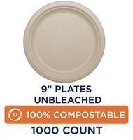 100% Compostable Plates by World Centric, Made from Ubleached Plant Fiber, 9" Plates (Pack of 1000) (PL-SC-U9)