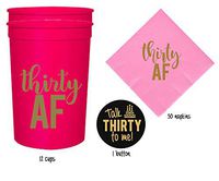 Thirty AF, 30 AF, 30th Birthday Party Cups 1"Talk Thirty to Me" Button, Set of 12, 16oz 30th Birthday Stadium Cups, Perfect for Birthday Parties, Birthday Decorations (Pink)
