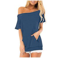 Meikosks Women's Off Shoulder Short Sleeve T Shirt Splice Pocket Tops Solid Color Blouses