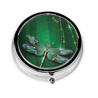 Dragonfly Green Pill Box Round Metal Pill Case Three Compartment Pocket Tablet Medicine Storage for Purse