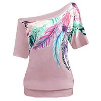 Meikosks Ladies Leaky Shoulder Tops Short Sleeve T Shirt Feather Print Pullover Summer Plus Size Tee