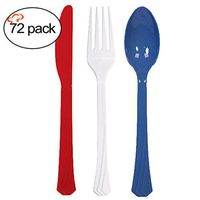 Tiger Chef Red Blue White American Flatware Party Supplies, Heavyweight Colored Plastic Silverware Includes 24 Forks, 24 Teaspoons, and 24 Knives (July 4th, 72)