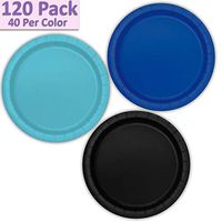 120 Paper Dessert Plates (7") - Royal Blue, Aqua, Black - 40 Per Color, 3 Colors - Great Assortment for Birthday Parties, Weddings, Holidays, Baby Shower, Celebrations, and more