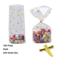 100 Pack Clear Cello Bags with Candy Cookie Bags 10 x 6 x 2.5 inch Clear Plastic Treat Bags Gold Stars Candy Bags for Cookie Candy Snack Wrapping Party Favor with Gold Twist Ties