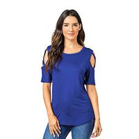 Theoylos Women's Strappy Cold Shoulder Tops Casual Tees Ladies Loose Basic T-Shirts O-Neck Irregular Hem Short Sleeve Blue