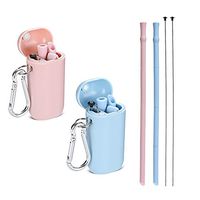Reusable Collapsible Silicone Straws, Portable Folding Drinking Straws with Case, Cleaning Brush and Keychain for 20 or 30 oz Tumblers (Blue and Pink)