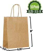 6.25 X 3.5 X 8 Brown Kraft Paper Gift Bags Bulk with Handles [50 Bags] Ideal for Shopping, Packaging, Retail, Party, Craft, Gifts, Wedding, Recycled, Business, Goody and Merchandise Bag (Brown)