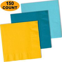 150 Lunch Napkins, Sunshine Yellow, Turquoise, Island Blue - 50 Each Color. 2 Ply Paper Dinner Napkins. 6.5" folded, 13.5" unfolded.