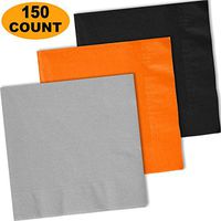 150 Lunch Napkins, Shimmering Silver, Pumpkin Orange, Midnight Black - 50 Each Color. 2 Ply Paper Dinner Napkins. 6.5" folded, 13.5" unfolded.
