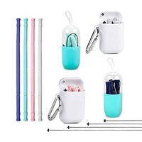 Reusable Silicone Collapsible Straws - 4 Pack Portable Hot Cold Drinks Folding Straw with Carrying Case & Cleaning Brushes for Travel, Home, Office, BPA Free, FDA Certified- Blue Green Pink Grey