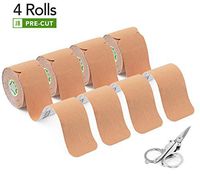 Kinesiology Tape | 2”x10” PreCut Strips |4 Rolls/80 Strips| JuneBugz Muscle Tape Helps with Pain & Recovery| JB Elastic K Tape Provides Supports for Ankles,Back,Wrist,Shoulder +Bonus Scissors (Beige)