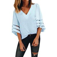 Aniywn Women Loose Flare Sleeve Short Sleeve Pullover Tops Casual V Neck Solid Color T-Shirt Light Blue