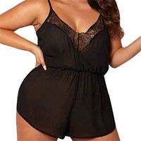 Women Plus Size Deep V Neck Sleepwear Plus Size Lace Satin Lingerie Teddy Babydoll Silky Chemise Sleepwear Black