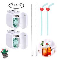 2 Pack Reusable Straw for Kids and Adults Silicone Set with Clip-on Carrier and Cleaning Brush Travel Portable (Cyan)