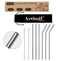 Artboil Upgrade 10 1/2inch Stainless Steel Drinking Straws Set of 6(2 Cleaning Brush Included) - 18/8 Steel - New Geometric Pattern - Reusable Metal Straws for 30oz 20oz Tumbler