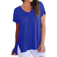 Theoylos Women's V Neck T Shirt Side Split Tunic Short Sleeve Ladies Loose Large Size T-Shirts Casual Tops Blue
