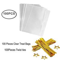 Clear Treat Bags 100 PCS (6’’by 8’’) Cellophane Bag Party Favor Bags with 100PCS Gold Twist Ties for Wedding Gift Cookie Candy