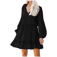 Aniywn Dresses,Women Casual Long Sleeve Baggy Pleated V-Neck Dress Ruffle Midi Dress for Ladies Knee Length Dress Black